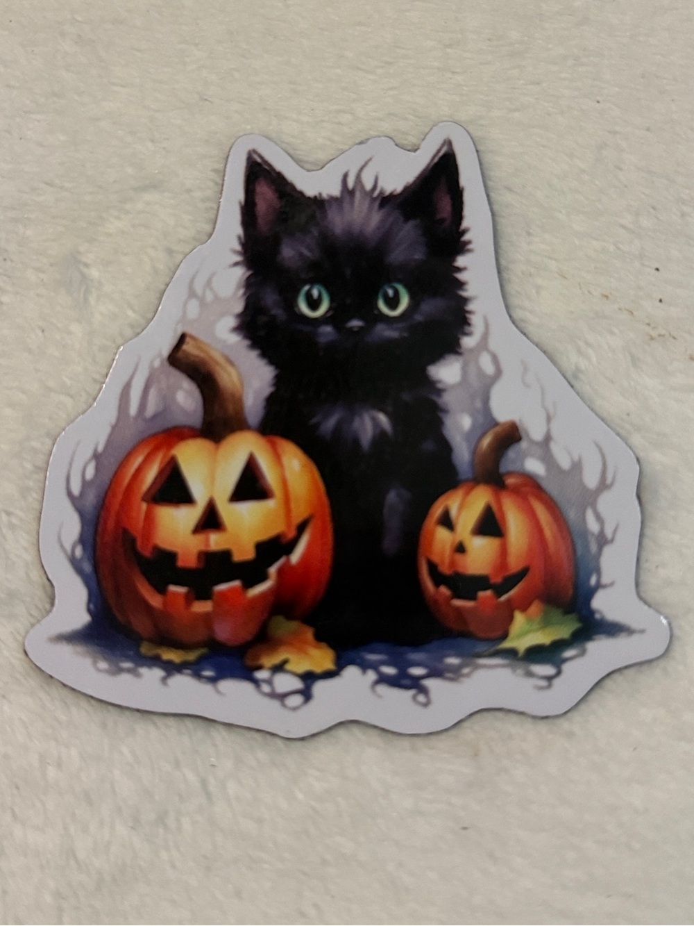 💜 MAGNETIC Sticker Black Kitten Sitting with Two Pumpkins